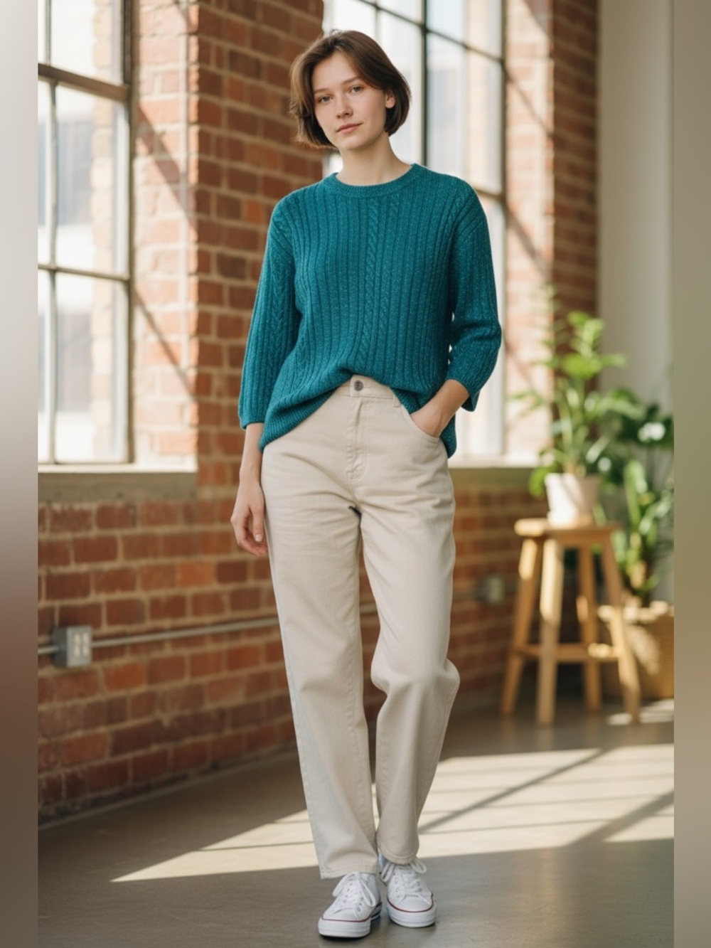 DIANE VON FURSTENBERG VTG. Metallic Cable Knit Long Pullover Sweater M/L Green